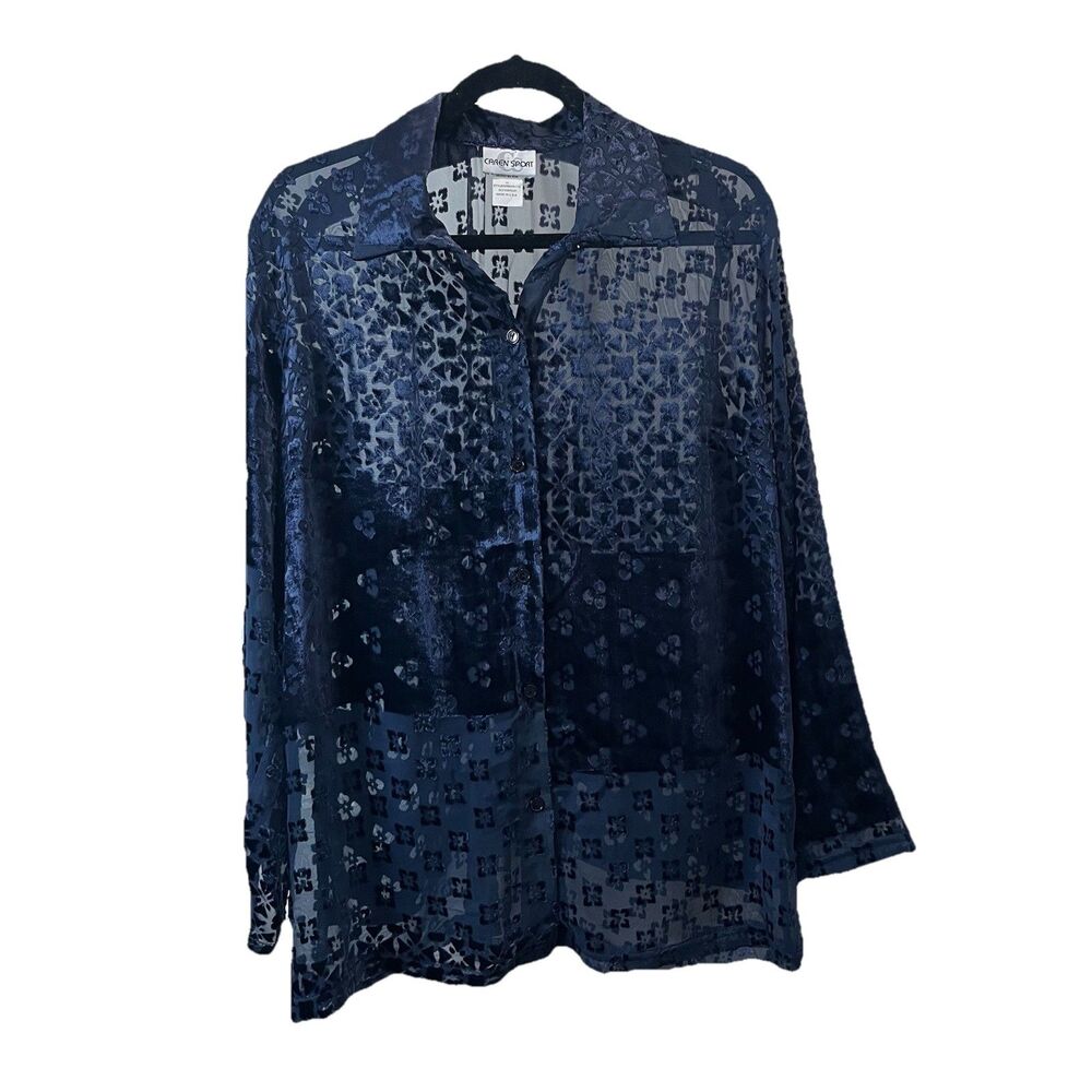 Caren Sport Navy Blue Velvet Burnout Floral Long Sleeve Button Up Sheer Shirt 1X